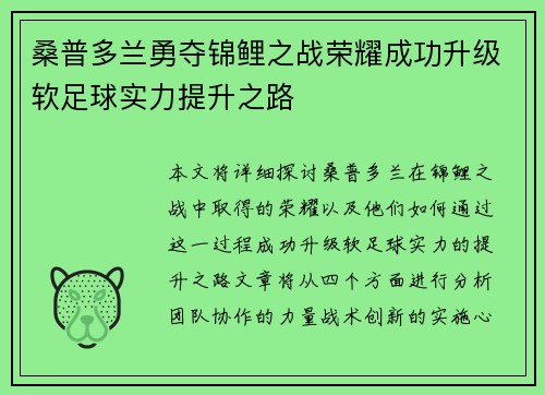 桑普多兰勇夺锦鲤之战荣耀成功升级软足球实力提升之路