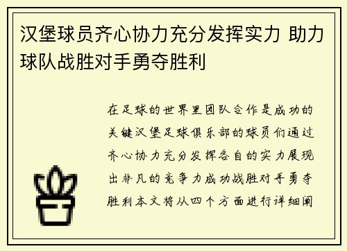 汉堡球员齐心协力充分发挥实力 助力球队战胜对手勇夺胜利