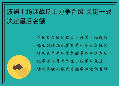 波黑主场迎战瑞士力争晋级 关键一战决定最后名额