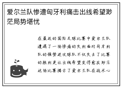 爱尔兰队惨遭匈牙利痛击出线希望渺茫局势堪忧