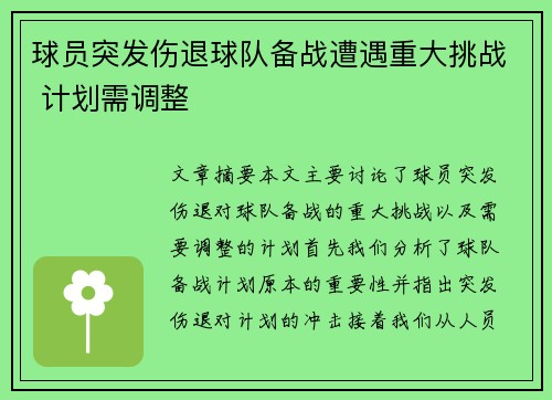 球员突发伤退球队备战遭遇重大挑战 计划需调整