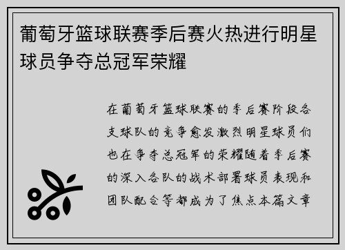 葡萄牙篮球联赛季后赛火热进行明星球员争夺总冠军荣耀